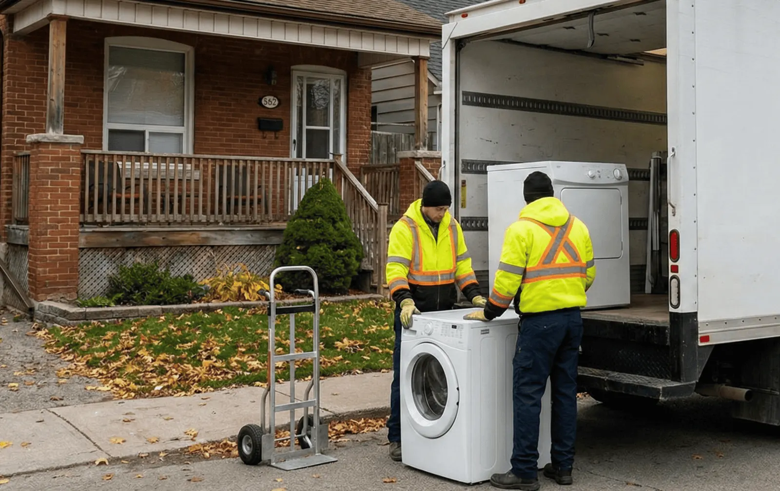 Alt: Two workers loading a washing machine into a moving truck for scrap recycling in Hamilton.